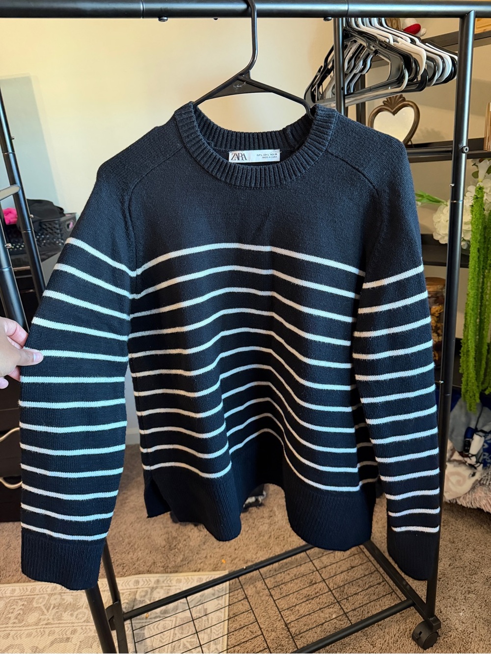 Zara Black Crewneck Sweater with White Stripes